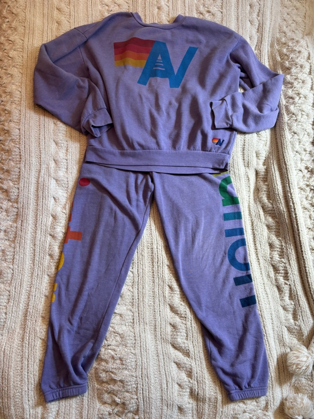 Aviator Nation Lavender Purple Pants AND Crewneck with Multicolor Logo (SET)